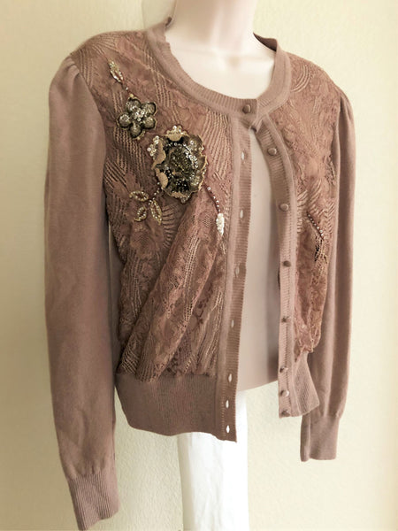 Blumarine SMALL Tan Beaded Cashmere Cardigan