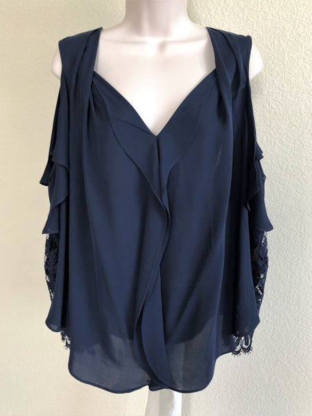 Kobi Halperin LARGE Mollie Cold Shoulder Navy Silk Top