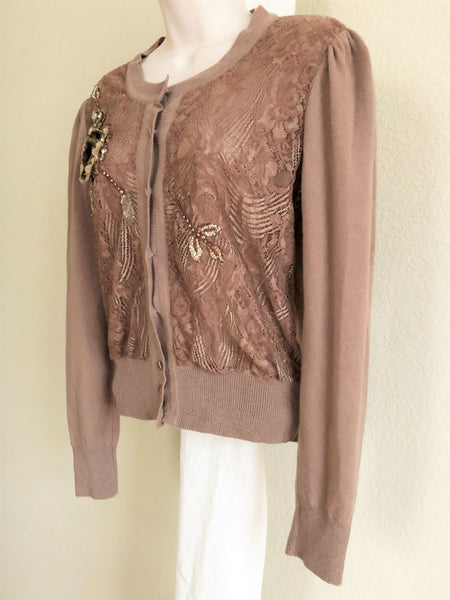 Blumarine SMALL Tan Beaded Cashmere Cardigan