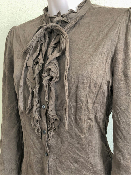 Tocca Size 6 Taupe Ruffle Front Shirt