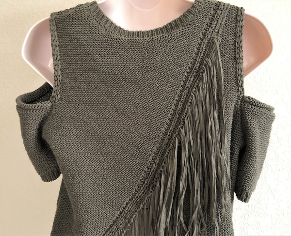 BCBGMaxazria NEW XS Joanne Cold Shoulder Fringe Sweater