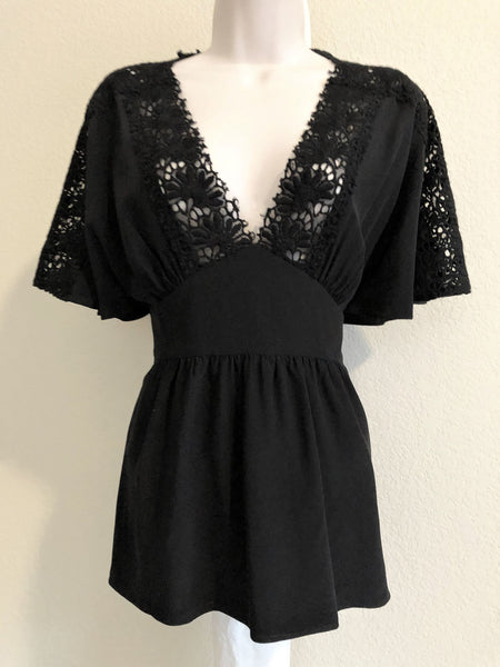 Tibi Size 6 Black Silk Peplum Top