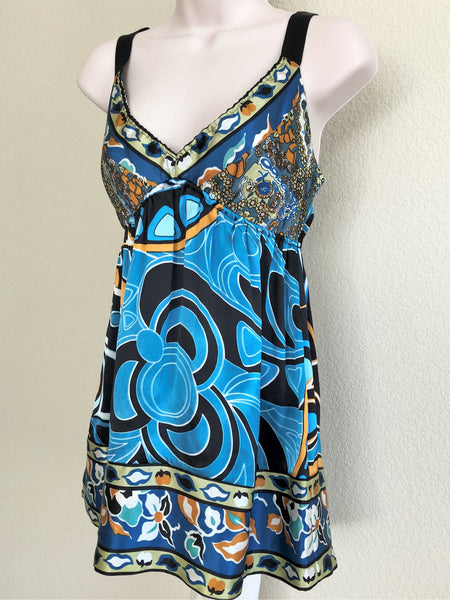 Hale Bob MEDIUM Blue Floral Silk Tank