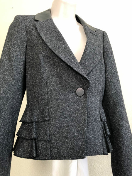 Rebecca Taylor Size 8 Ruffled Tweed Leather Trim Blazer