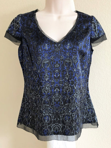 Elie Tahari MEDIUM Blue and Black Silk Top