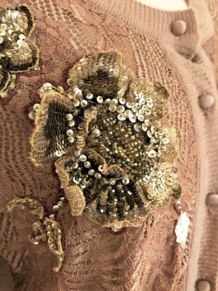 Blumarine SMALL Tan Beaded Cashmere Cardigan