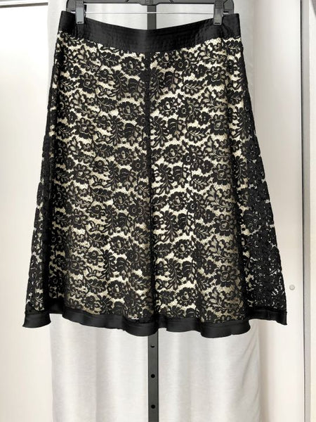 Rebecca Taylor Size 10 Nude Silk Skirt Black Lace Overlay - CLEARANCE