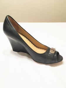 COACH Size 7 Thea Black Leather Peep Toe Wedges