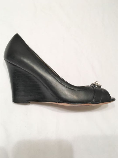 COACH Size 7 Thea Black Leather Peep Toe Wedges