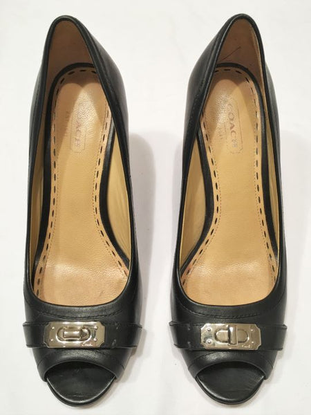 COACH Size 7 Thea Black Leather Peep Toe Wedges