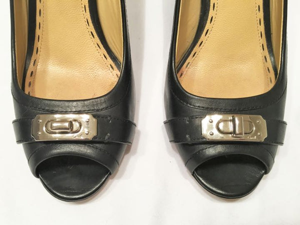 COACH Size 7 Thea Black Leather Peep Toe Wedges