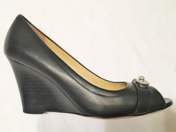 COACH Size 7 Thea Black Leather Peep Toe Wedges