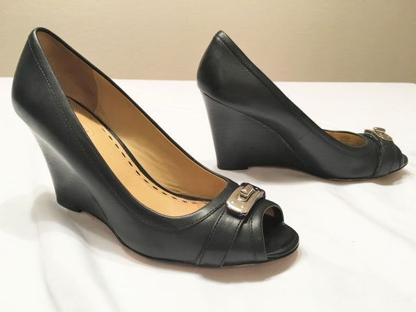 COACH Size 7 Thea Black Leather Peep Toe Wedges