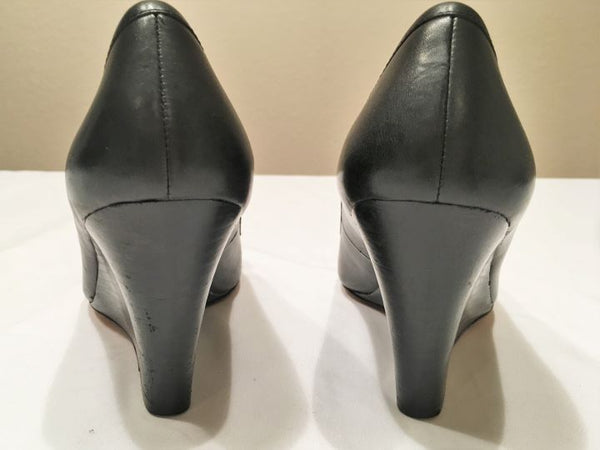 COACH Size 7 Thea Black Leather Peep Toe Wedges