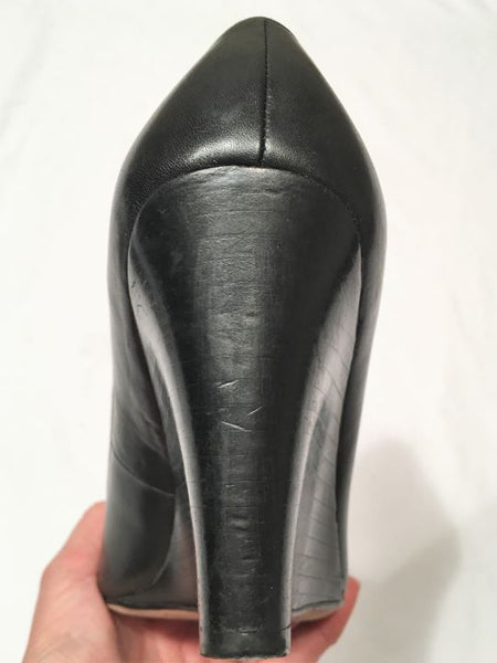 COACH Size 7 Thea Black Leather Peep Toe Wedges
