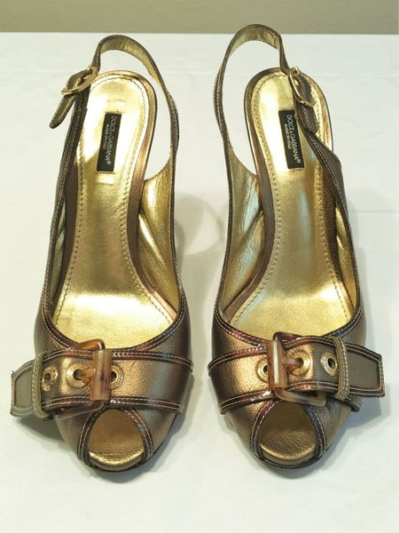 Dolce & Gabanna Authentic Size 8.5 Gold Leather Slingbacks