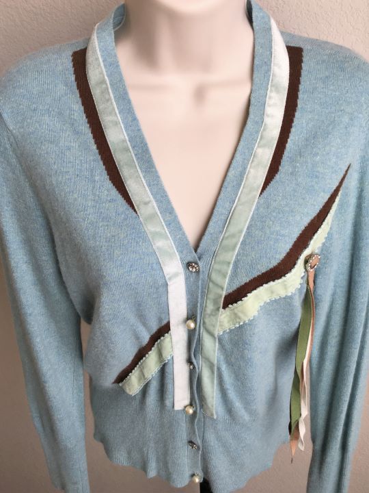 HWR Anthropologie MEDIUM Aqua Blue Ribbons Cardigan