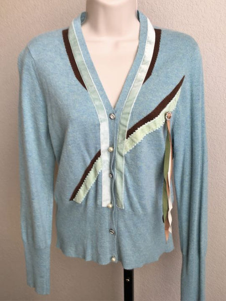 HWR Anthropologie MEDIUM Aqua Blue Ribbons Cardigan