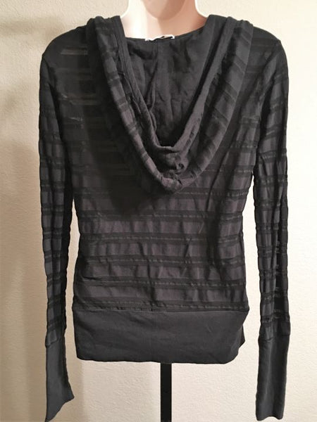 James Perse SMALL Black Sheer Striped Hoodie Tee - CLEARANCE