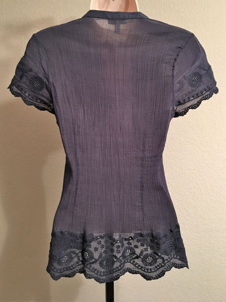 Joie Size XS Navy Top with Lace Sleeves and Hem