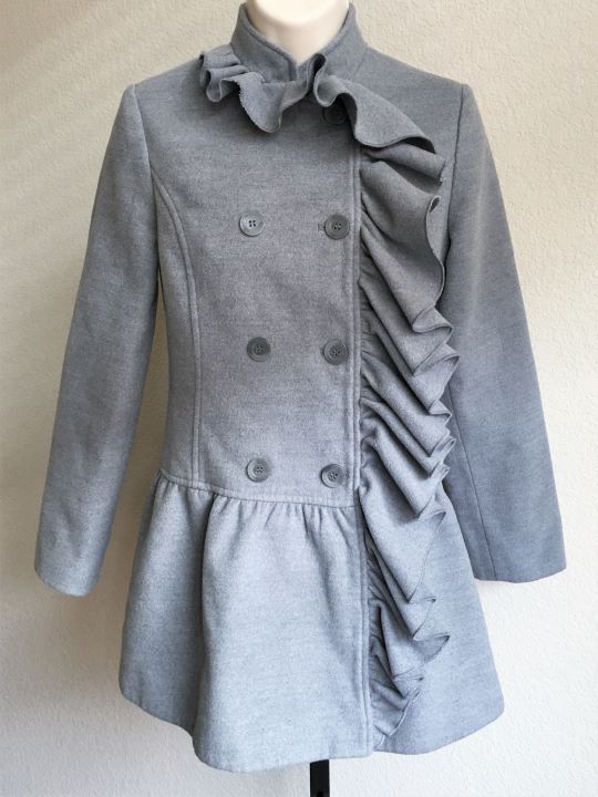 Sisley Size Small Gray Ruffle Front Coat