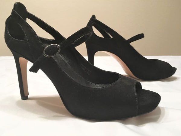 Via Spiga Size 6N Black Suede Peep Toe Heels