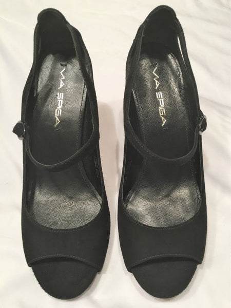 Via Spiga Size 6N Black Suede Peep Toe Heels