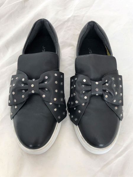 J/Slides Size 10 Black Leather Bow Sneakers - CLEARANCE