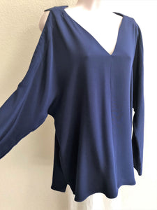 Ramy Brook Size Large Silk Navy Cold Shoulder Top