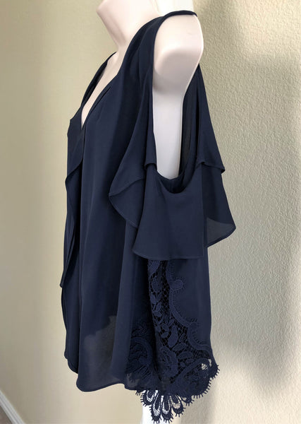 Kobi Halperin LARGE Mollie Cold Shoulder Navy Silk Top