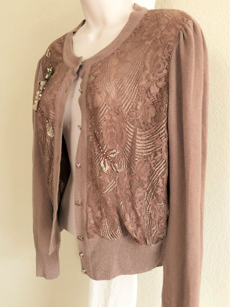 Blumarine SMALL Tan Beaded Cashmere Cardigan