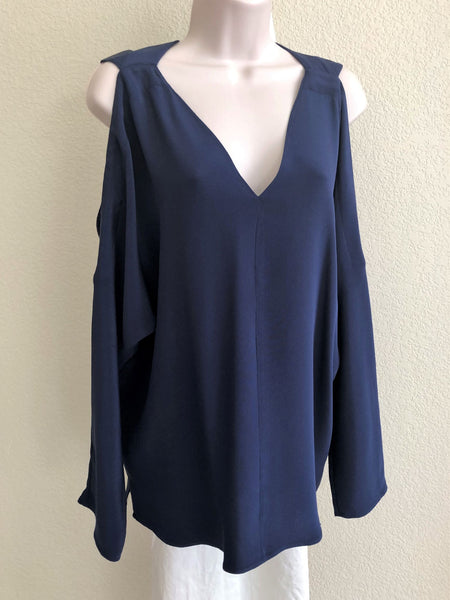 Ramy Brook Size Large Silk Navy Cold Shoulder Top