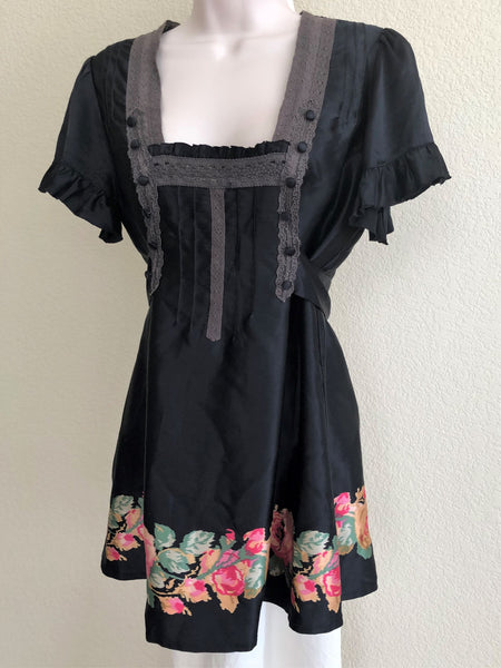 Free People Size 6 Black Silk Floral Top