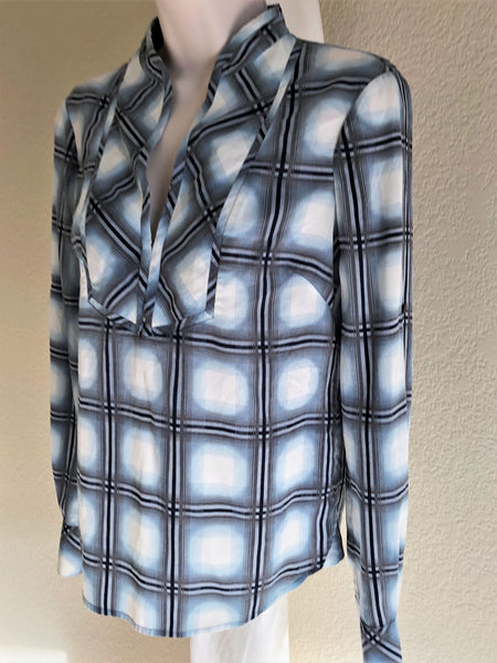 BCBGMaxazria Size XS Blue Silk Plaid Top