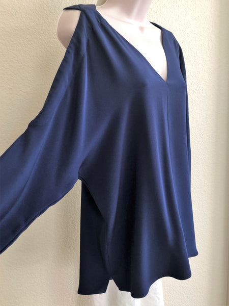 Ramy Brook Size Large Silk Navy Cold Shoulder Top