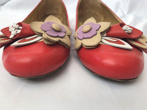 COACH Size 6 Chrisann Red Leather Floral Flats