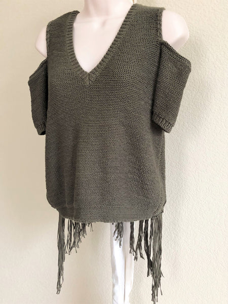 BCBGMaxazria NEW XS Joanne Cold Shoulder Fringe Sweater