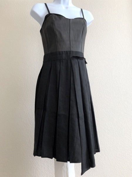 Rag & Bone Size 6 Black Leather Top Pleated Dress