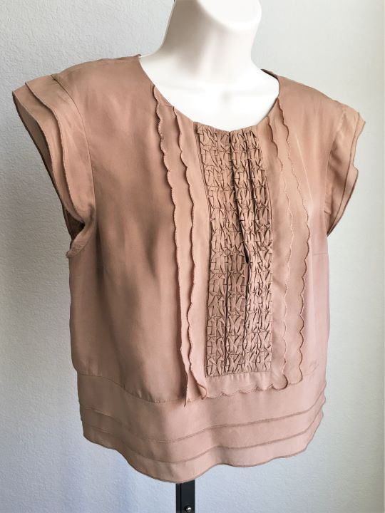 bebe MEDIUM Tan Silk Ruffle Blouse - CLEARANCE