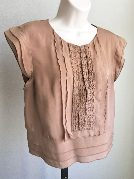 bebe MEDIUM Tan Silk Ruffle Blouse - CLEARANCE
