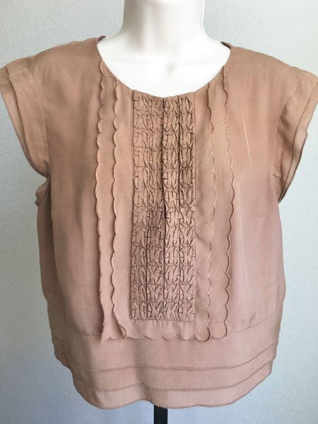 bebe MEDIUM Tan Silk Ruffle Blouse - CLEARANCE