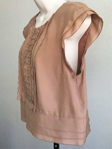 bebe MEDIUM Tan Silk Ruffle Blouse - CLEARANCE