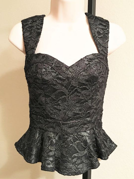 bebe Size XXS Black and Silver Lace Peplum Top - CLEARANCE