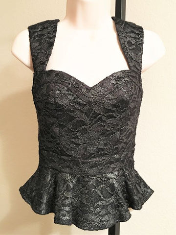 bebe Size XXS Black and Silver Lace Peplum Top - CLEARANCE
