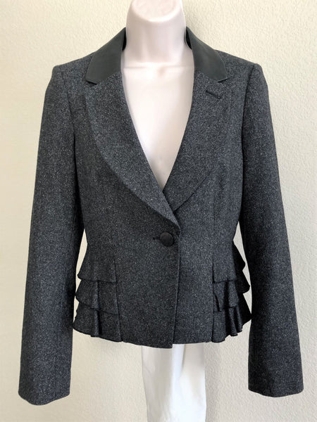 Rebecca Taylor Size 8 Ruffled Tweed Leather Trim Blazer