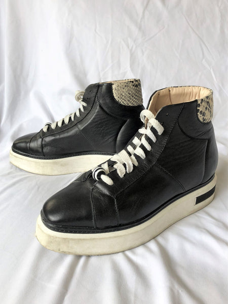 Oxitaly Size 8.5 Italian Black Leather Platform Sneakers