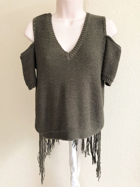 BCBGMaxazria NEW XS Joanne Cold Shoulder Fringe Sweater