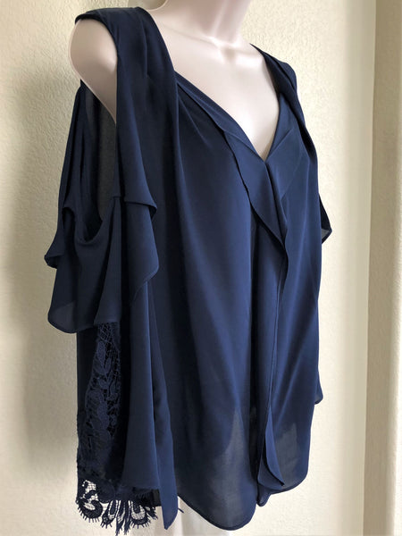 Kobi Halperin LARGE Mollie Cold Shoulder Navy Silk Top