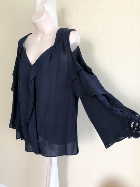 Kobi Halperin LARGE Mollie Cold Shoulder Navy Silk Top