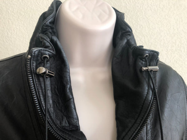 Black Leather Jacket Size Medium Ruched Collar - CLEARANCE